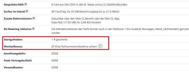 o2 Freikarte + 1 EUR Startguthaben + 25 EUR bei Rufnummernmitnahme